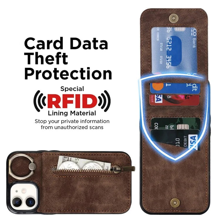 For iPhone 12 mini Cell Phone Case RFID Blocking PU+TPU Cover with Card Slots