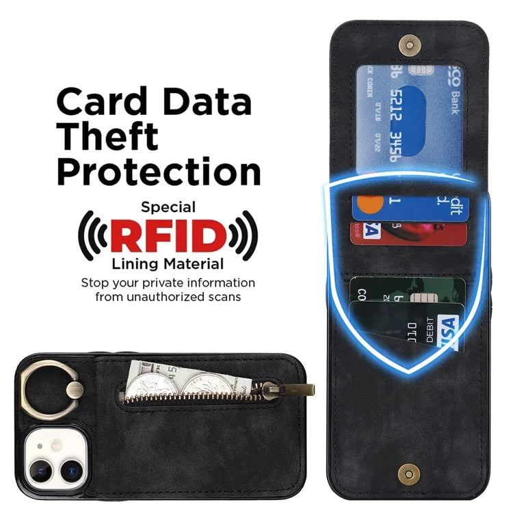 For iPhone 12 mini Cell Phone Case RFID Blocking PU+TPU Cover with Card Slots
