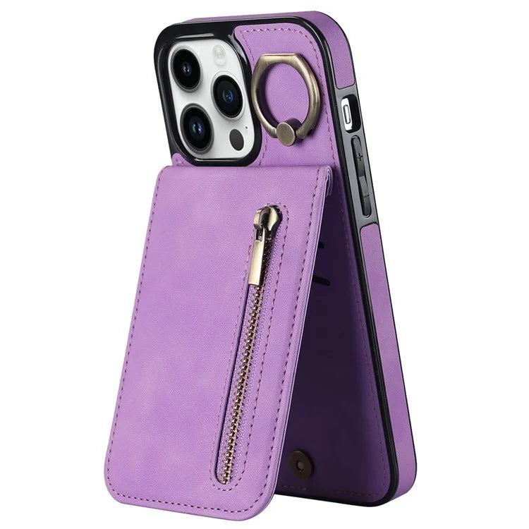 For iPhone 13 Pro Cell Phone Case Ring Kickstand RFID Blocking PU+TPU Cover