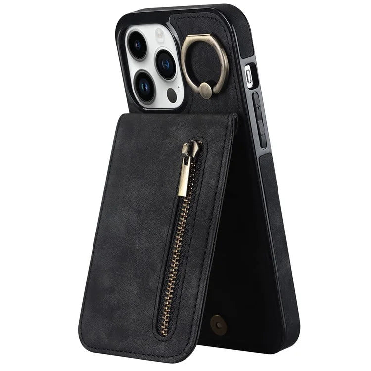 For iPhone 13 Pro Cell Phone Case Ring Kickstand RFID Blocking PU+TPU Cover