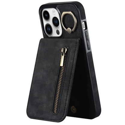 For iPhone 13 Pro Cell Phone Case Ring Kickstand RFID Blocking PU+TPU Cover