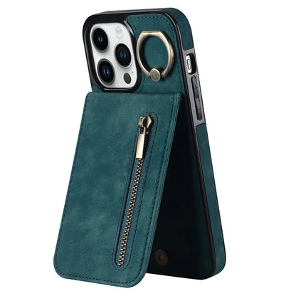 For iPhone 13 Pro Cell Phone Case Ring Kickstand RFID Blocking PU+TPU Cover