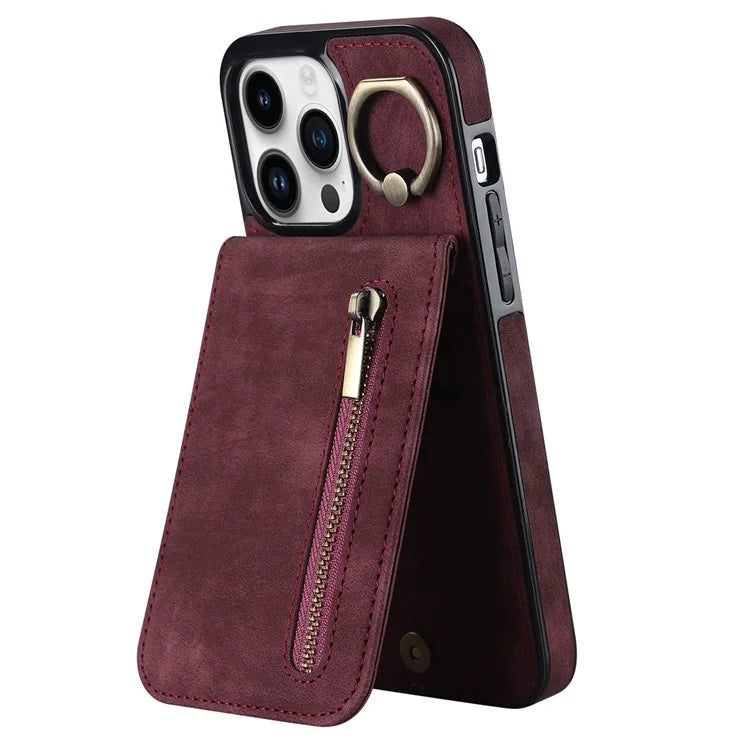 For iPhone 13 Pro Cell Phone Case Ring Kickstand RFID Blocking PU+TPU Cover
