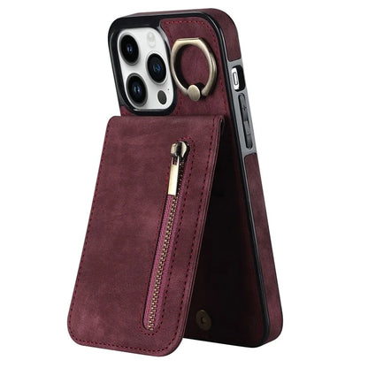 For iPhone 13 Pro Cell Phone Case Ring Kickstand RFID Blocking PU+TPU Cover