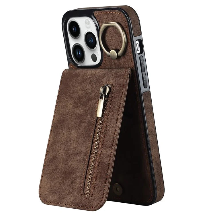 For iPhone 13 Pro Cell Phone Case Ring Kickstand RFID Blocking PU+TPU Cover