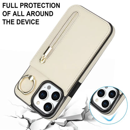 For iPhone 13 Pro Cell Phone Case Ring Kickstand RFID Blocking PU+TPU Cover