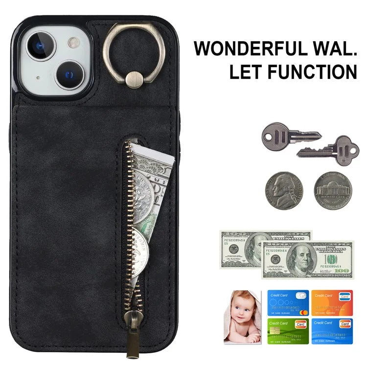 PU+TPU Cover for iPhone 13 mini , Ring Kickstand RFID Blocking Cell Phone Case