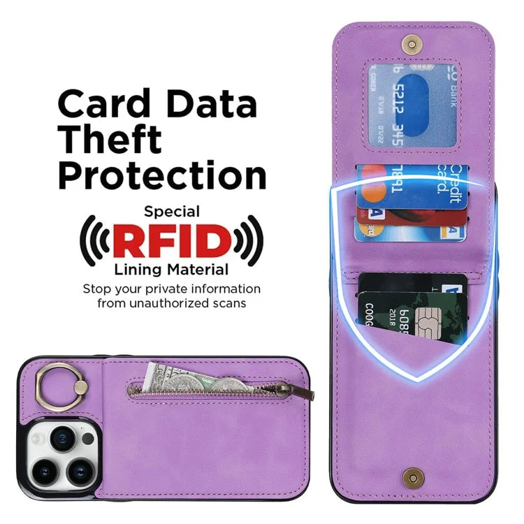 Retro Cover for iPhone 12 Pro Max , Ring Kickstand RFID Blocking PU+TPU Cell Phone Case