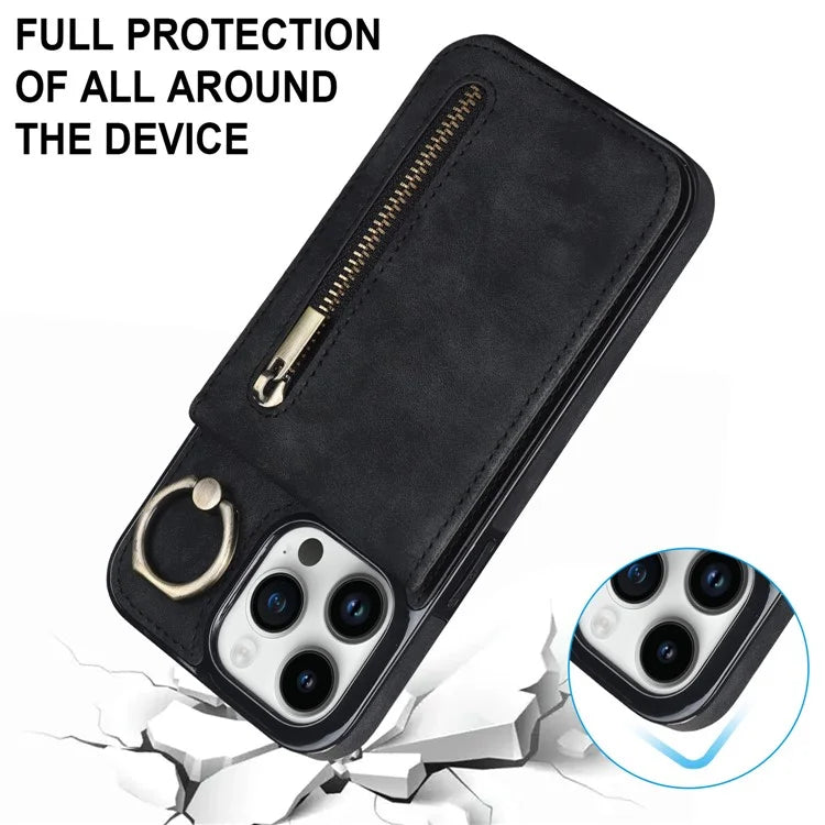 Retro Cover for iPhone 12 Pro Max , Ring Kickstand RFID Blocking PU+TPU Cell Phone Case