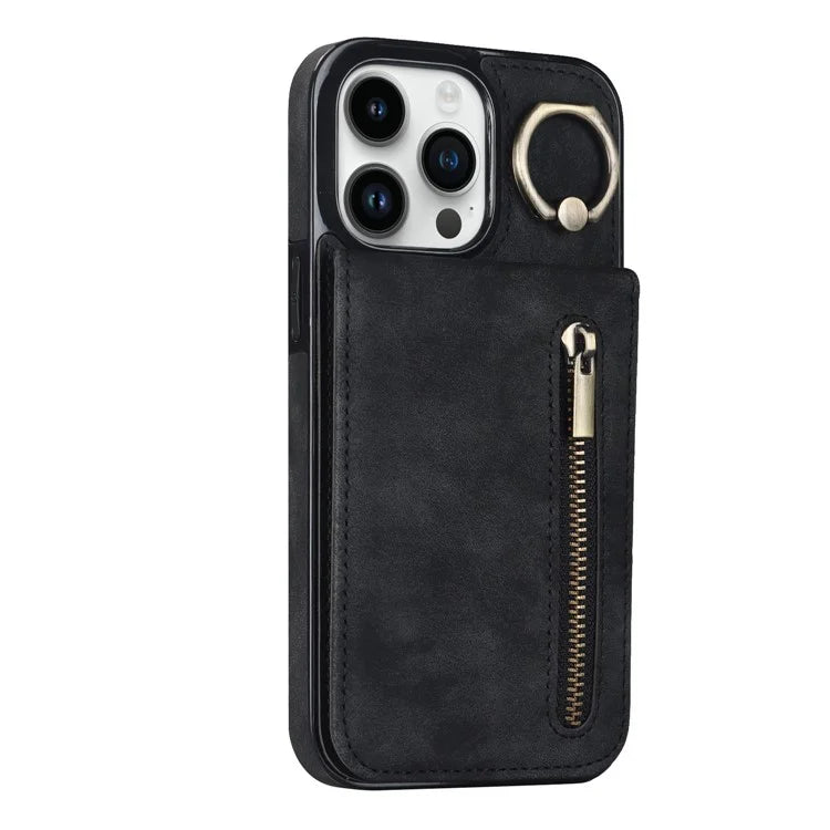Retro Cover for iPhone 12 Pro Max , Ring Kickstand RFID Blocking PU+TPU Cell Phone Case
