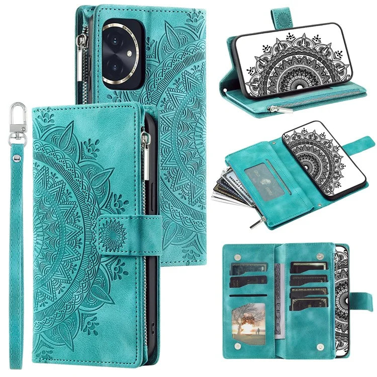 For Honor 100 5G Case with Multi-slot Cards Leather Phone Cover Stand with Strap