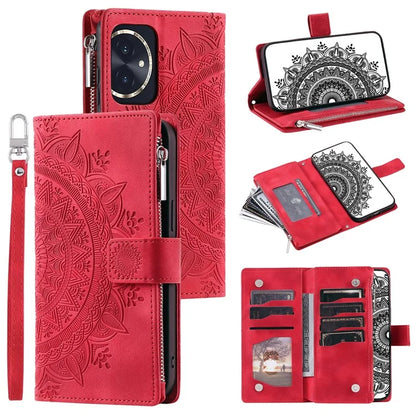 For Honor 100 5G Case with Multi-slot Cards Leather Phone Cover Stand with Strap