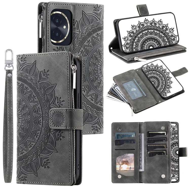 For Honor 100 5G Case with Multi-slot Cards Leather Phone Cover Stand with Strap