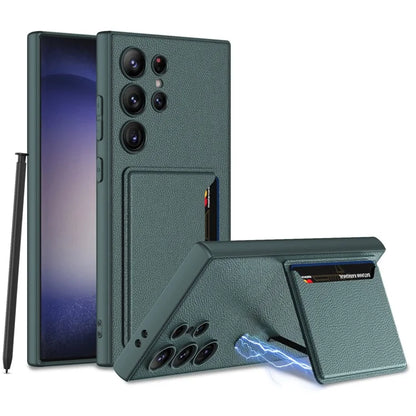 GKK For Samsung Galaxy S24 Ultra Magnetic Case PU Leather Coated PC+TPU Phone Cover with Card Slot