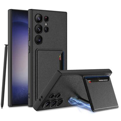 GKK For Samsung Galaxy S24 Ultra Magnetic Case PU Leather Coated PC+TPU Phone Cover with Card Slot