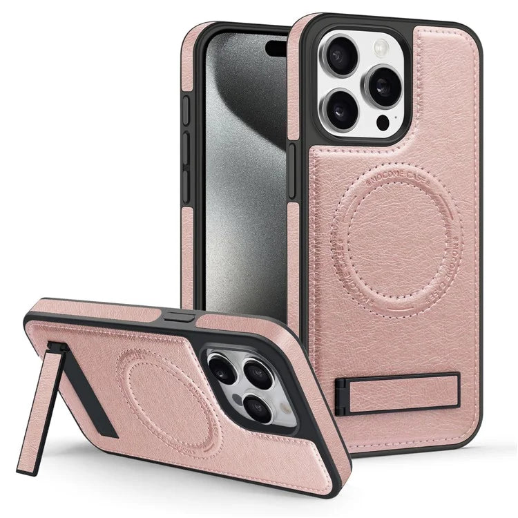 For iPhone 15 Pro Cell Phone Case PU Leather Coated TPU + PC Kickstand Cover Compatible with MagSafe