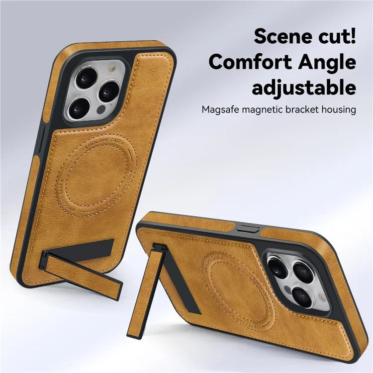 For iPhone 15 Pro Cell Phone Case PU Leather Coated TPU + PC Kickstand Cover Compatible with MagSafe