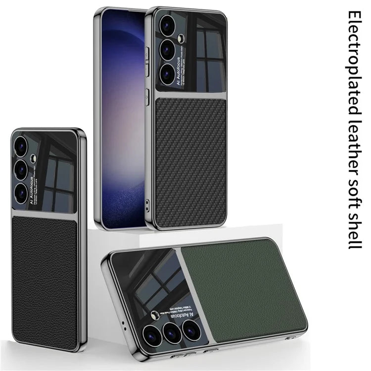 GKK For Samsung Galaxy S24 Cell Phone Case Electroplated PU Leather Coated PC+TPU Back Shell