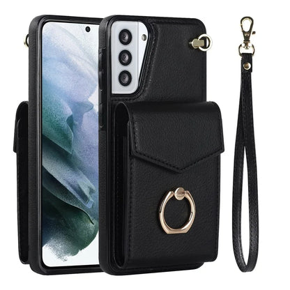 For Samsung Galaxy S21 4G / 5G Accordion Card Bag PU+TPU Cell Phone Case with Strap
