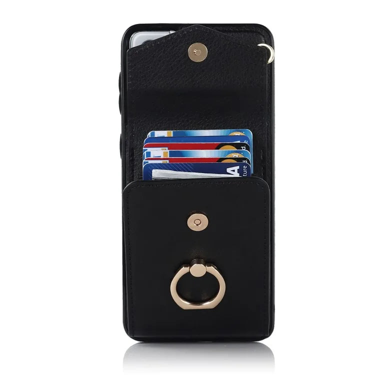 For Samsung Galaxy S21 4G / 5G Accordion Card Bag PU+TPU Cell Phone Case with Strap