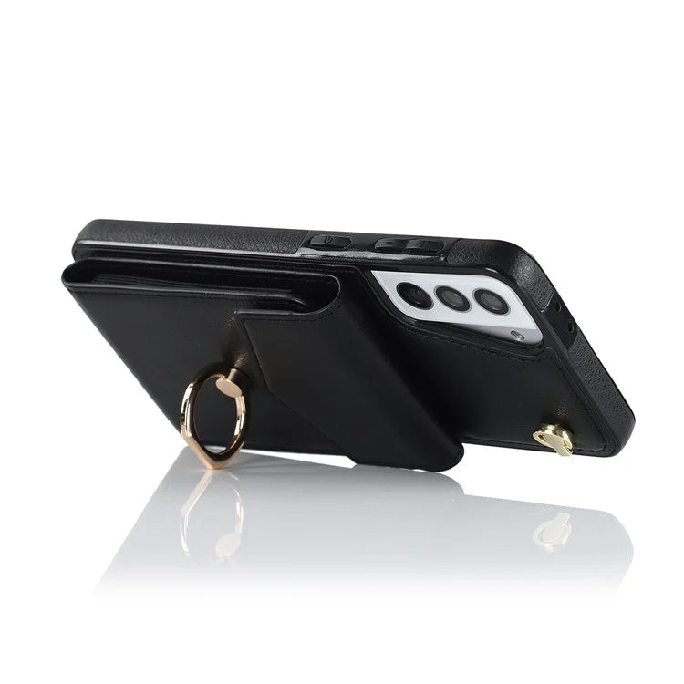 For Samsung Galaxy S21 4G / 5G Accordion Card Bag PU+TPU Cell Phone Case with Strap