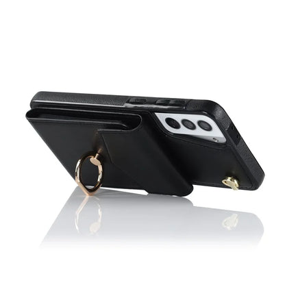 For Samsung Galaxy S21 4G / 5G Accordion Card Bag PU+TPU Cell Phone Case with Strap