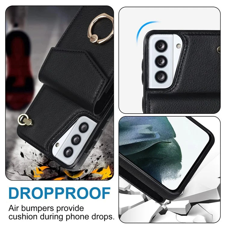 For Samsung Galaxy S21 4G / 5G Accordion Card Bag PU+TPU Cell Phone Case with Strap