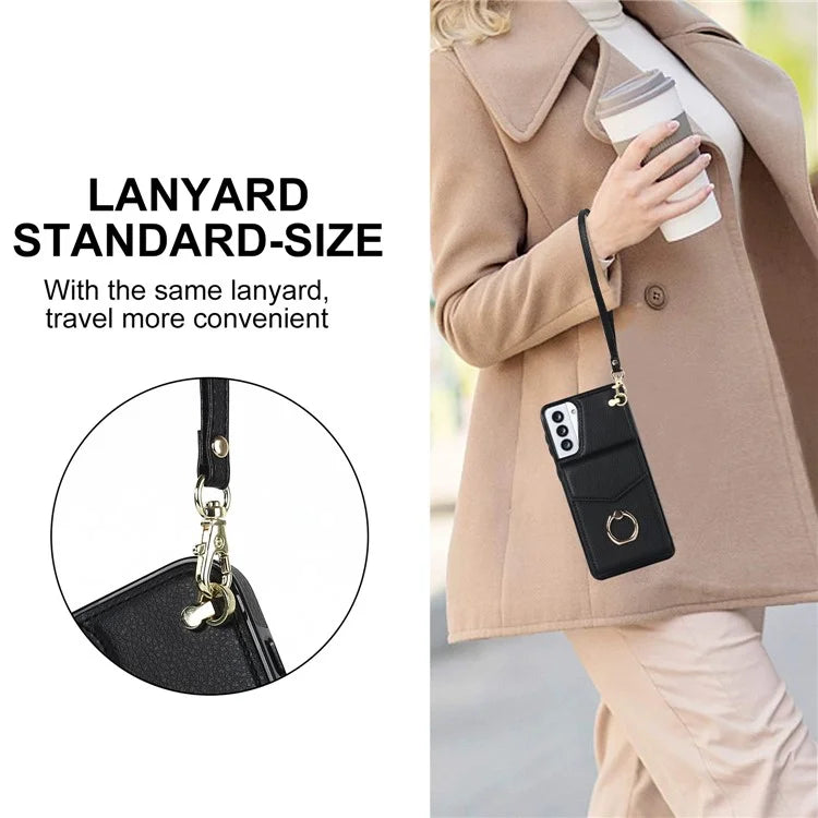 For Samsung Galaxy S21 4G / 5G Accordion Card Bag PU+TPU Cell Phone Case with Strap