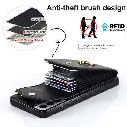 For Samsung Galaxy S21 4G / 5G Accordion Card Bag PU+TPU Cell Phone Case with Strap
