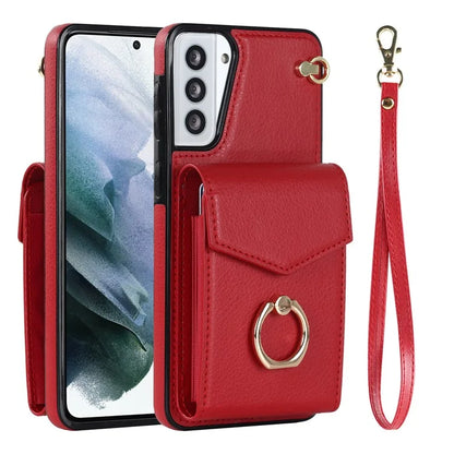 For Samsung Galaxy S21 4G / 5G Accordion Card Bag PU+TPU Cell Phone Case with Strap
