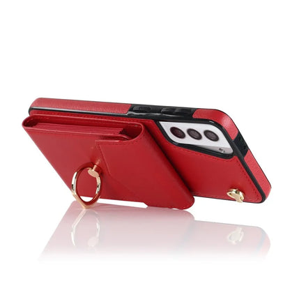 For Samsung Galaxy S21 4G / 5G Accordion Card Bag PU+TPU Cell Phone Case with Strap
