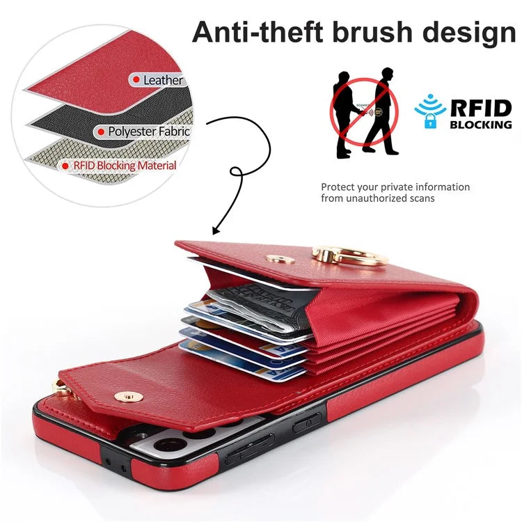 For Samsung Galaxy S21 4G / 5G Accordion Card Bag PU+TPU Cell Phone Case with Strap
