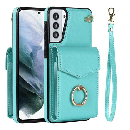 For Samsung Galaxy S21 4G / 5G Accordion Card Bag PU+TPU Cell Phone Case with Strap