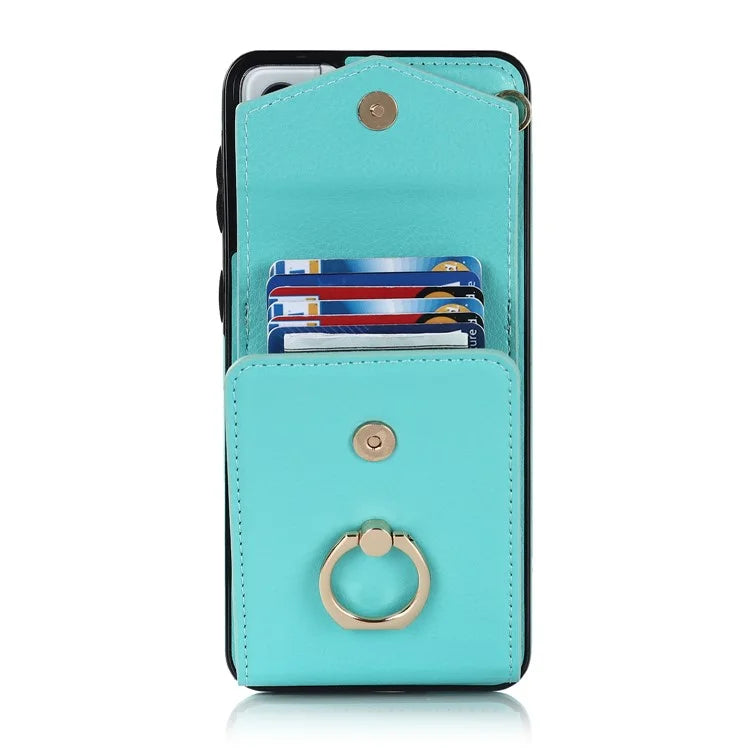 For Samsung Galaxy S21 4G / 5G Accordion Card Bag PU+TPU Cell Phone Case with Strap
