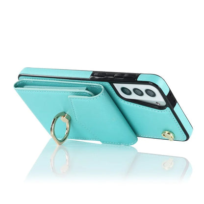 For Samsung Galaxy S21 4G / 5G Accordion Card Bag PU+TPU Cell Phone Case with Strap