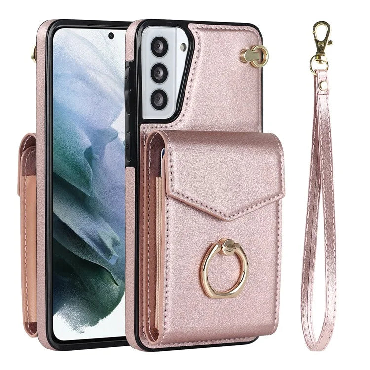 For Samsung Galaxy S21 4G / 5G Accordion Card Bag PU+TPU Cell Phone Case with Strap