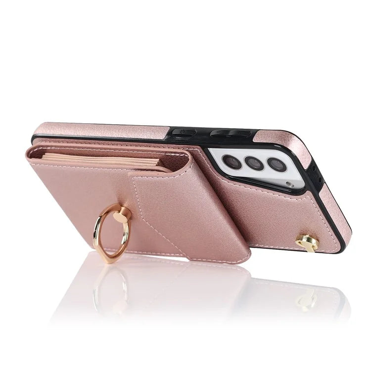For Samsung Galaxy S21 4G / 5G Accordion Card Bag PU+TPU Cell Phone Case with Strap