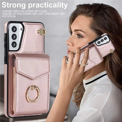 For Samsung Galaxy S21 4G / 5G Accordion Card Bag PU+TPU Cell Phone Case with Strap