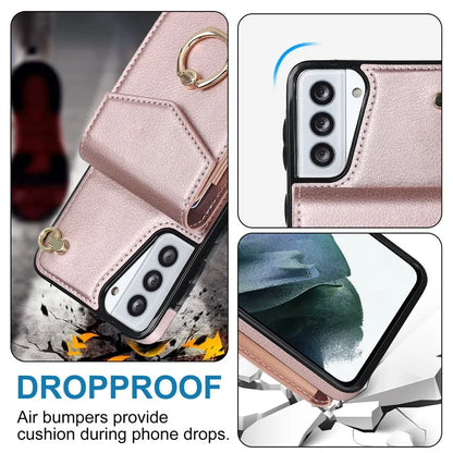 For Samsung Galaxy S21 4G / 5G Accordion Card Bag PU+TPU Cell Phone Case with Strap
