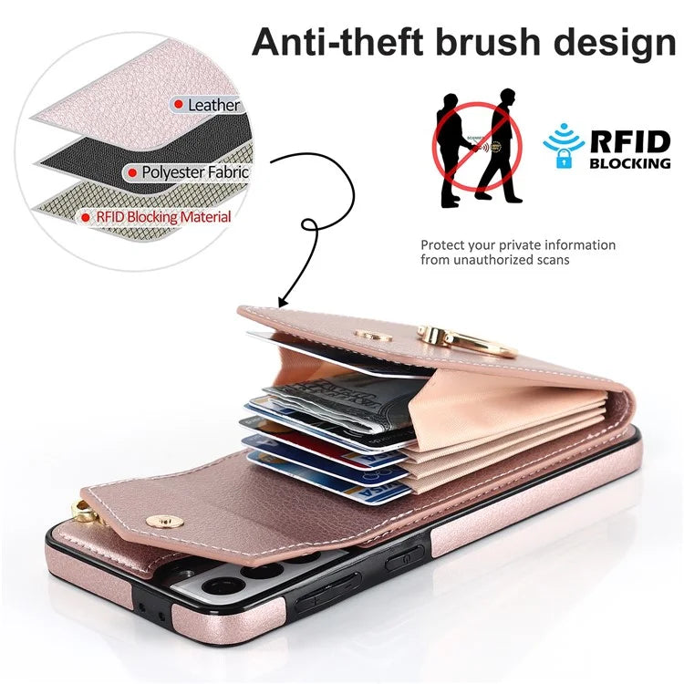 For Samsung Galaxy S21 4G / 5G Accordion Card Bag PU+TPU Cell Phone Case with Strap