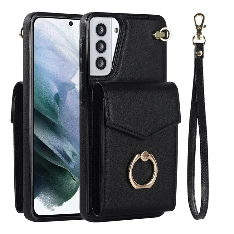 For Samsung Galaxy S21+ 5G PU+TPU Cover Accordion Card Bag Cell Phone Case with Strap