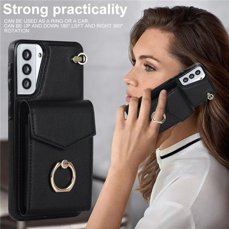 For Samsung Galaxy S21+ 5G PU+TPU Cover Accordion Card Bag Cell Phone Case with Strap