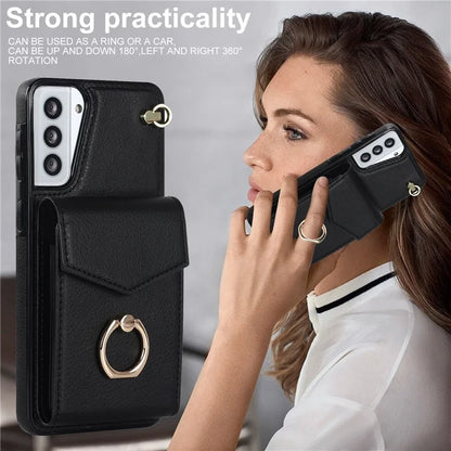 For Samsung Galaxy S21+ 5G PU+TPU Cover Accordion Card Bag Cell Phone Case with Strap