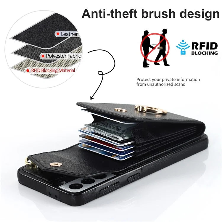 For Samsung Galaxy S21+ 5G PU+TPU Cover Accordion Card Bag Cell Phone Case with Strap