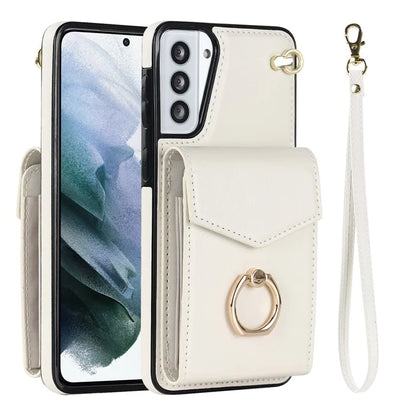 For Samsung Galaxy S21+ 5G PU+TPU Cover Accordion Card Bag Cell Phone Case with Strap