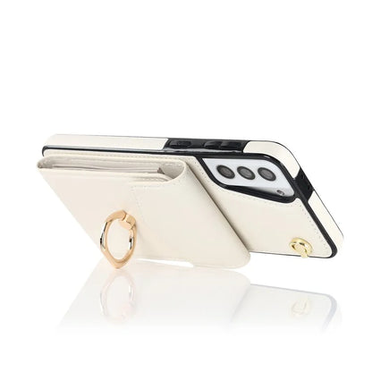For Samsung Galaxy S21+ 5G PU+TPU Cover Accordion Card Bag Cell Phone Case with Strap