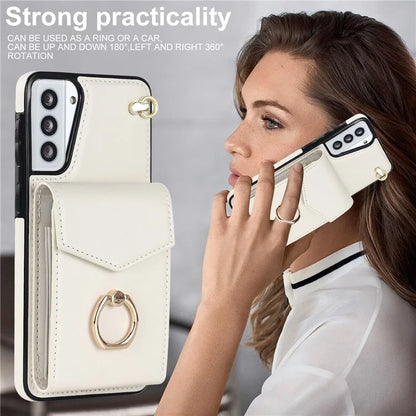 For Samsung Galaxy S21+ 5G PU+TPU Cover Accordion Card Bag Cell Phone Case with Strap