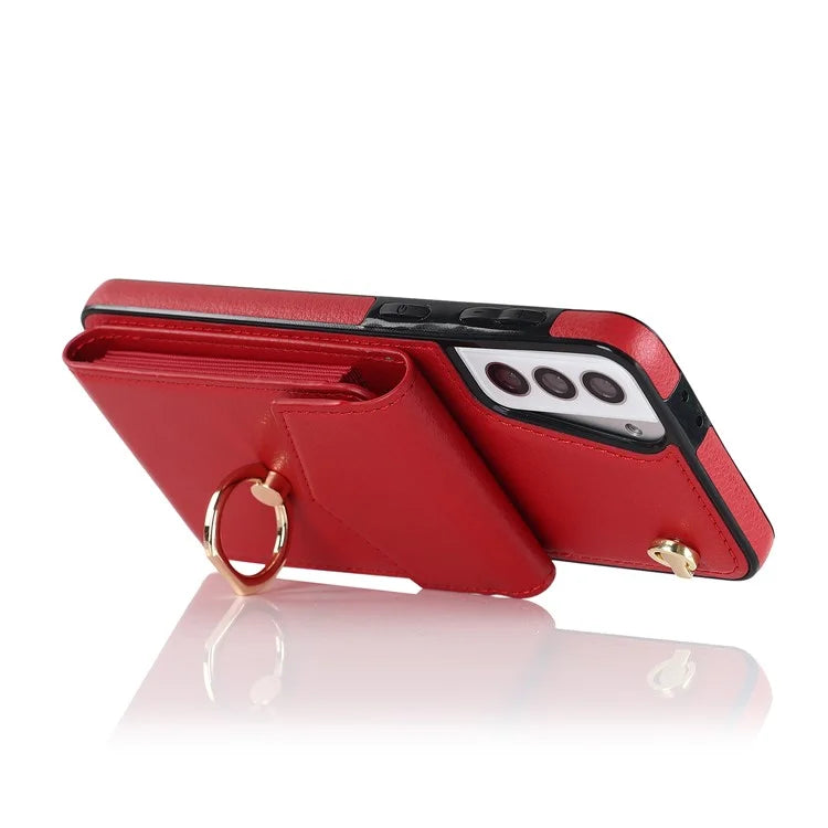 For Samsung Galaxy S21+ 5G PU+TPU Cover Accordion Card Bag Cell Phone Case with Strap