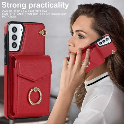For Samsung Galaxy S21+ 5G PU+TPU Cover Accordion Card Bag Cell Phone Case with Strap