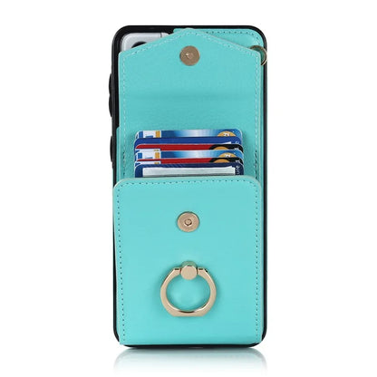 For Samsung Galaxy S21+ 5G PU+TPU Cover Accordion Card Bag Cell Phone Case with Strap